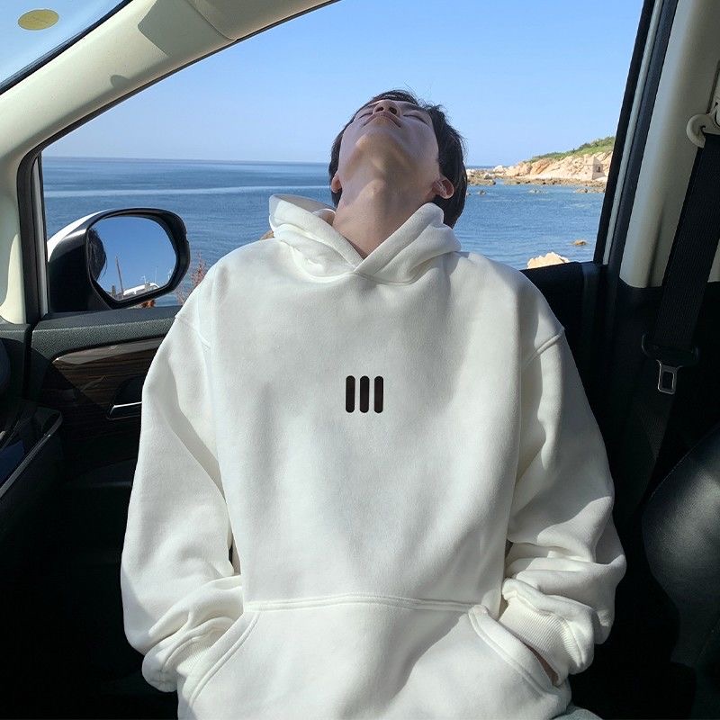 美式白色卫衣男连帽秋冬季2025新款加绒加厚高街潮牌套头重磅帽衫