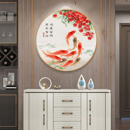 热销新中式鸿运当头入户玄关装饰画客厅J饭厅九鱼招财壁画圆形走