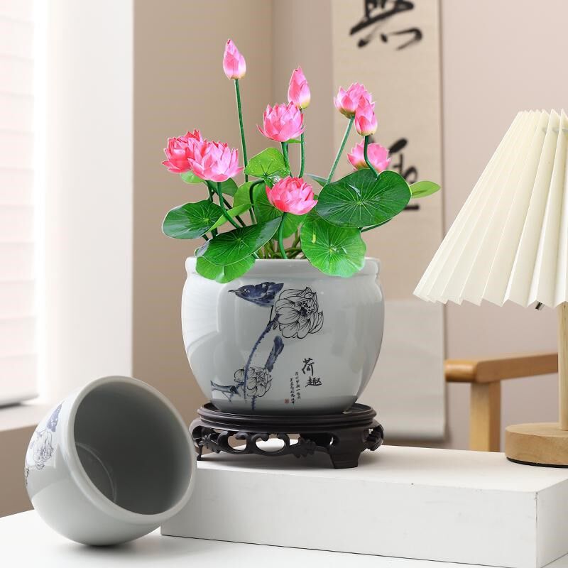 热销水仙花盆陶瓷无孔水培器皿z绿萝铜钱草专用碗莲睡莲青花盆子