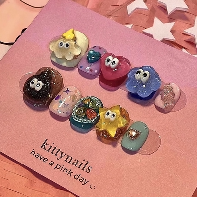 纯手工穿戴甲短款儿童多巴胺美甲糖果色可爱动漫卡通小眼睛宝宝贴