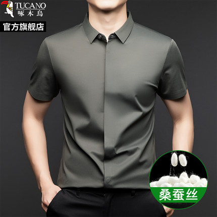 啄木鸟桑蚕丝男士短袖衬衫2025夏季新款休闲商务工装免烫抗皱衬衣