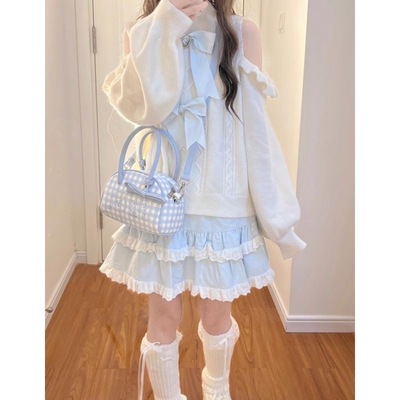 秋冬纯欲风甜妹露肩蝴蝶结毛衣修身针织衫短款蛋糕裙两件套