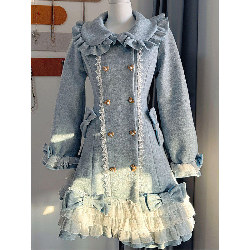 蓝色娃娃领甜美蝴蝶结毛呢lolita外套设计感大衣女冬季洛丽塔可爱