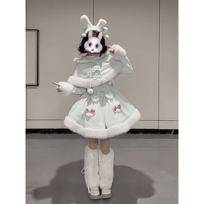 甜美可爱小兔日系Lolita裙冬季穿搭套装兔耳斗篷蝴蝶结裙子洛丽塔