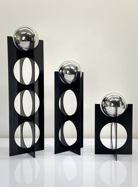 简约现代几何立体金属玄关装饰同心支架球摆件书房样板桌面摆设