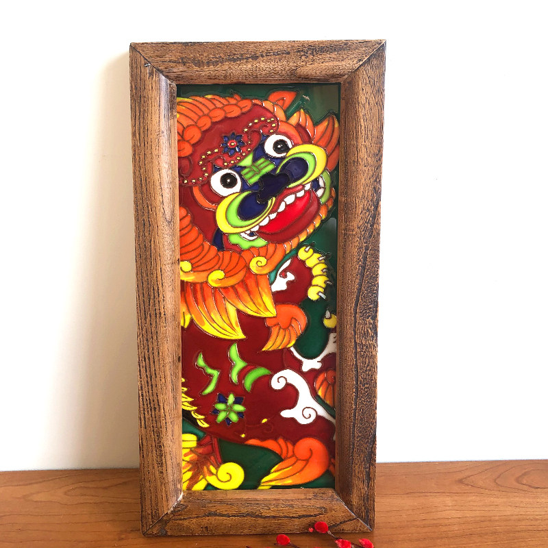 醒狮瓷板画玄关立体浮雕手绘陶瓷有框装饰挂画老榆木画框国风背景,家居饰品,装饰摆件,淘宝优惠券,粉丝福利购,淘宝优惠卷