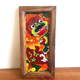 醒狮瓷板画玄关立体浮雕手绘陶瓷有框装饰挂画老榆木画框国风背景