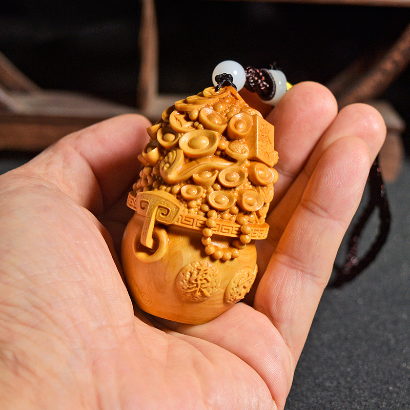 《聚宝盆》小叶黄杨木雕刻招x财进宝百福手把件貔貅小摆件聚财礼