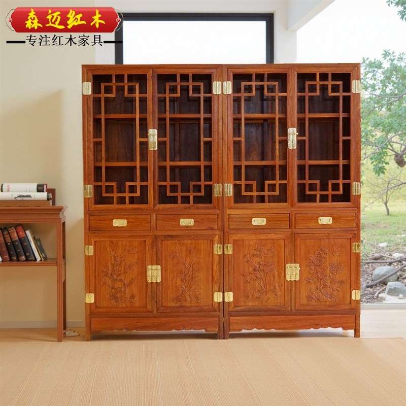 缅甸花梨红木书柜加厚独板大果紫檀书架收纳P柜明清古典榫卯结构