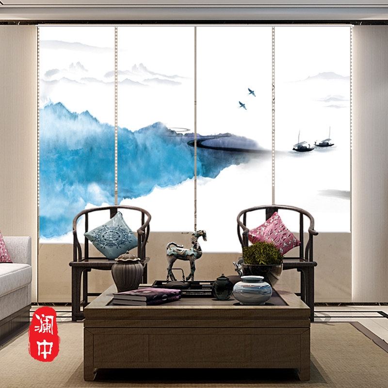新中式卷帘窗帘升降手拉式屏风帘软隔断山水画装饰挂屏办公室客厅