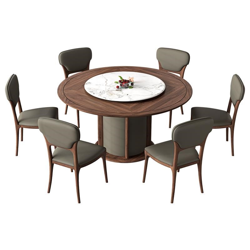 简约新中式圆桌北美黑胡桃u木带转盘餐桌椅组合餐厅家具饭桌超晶