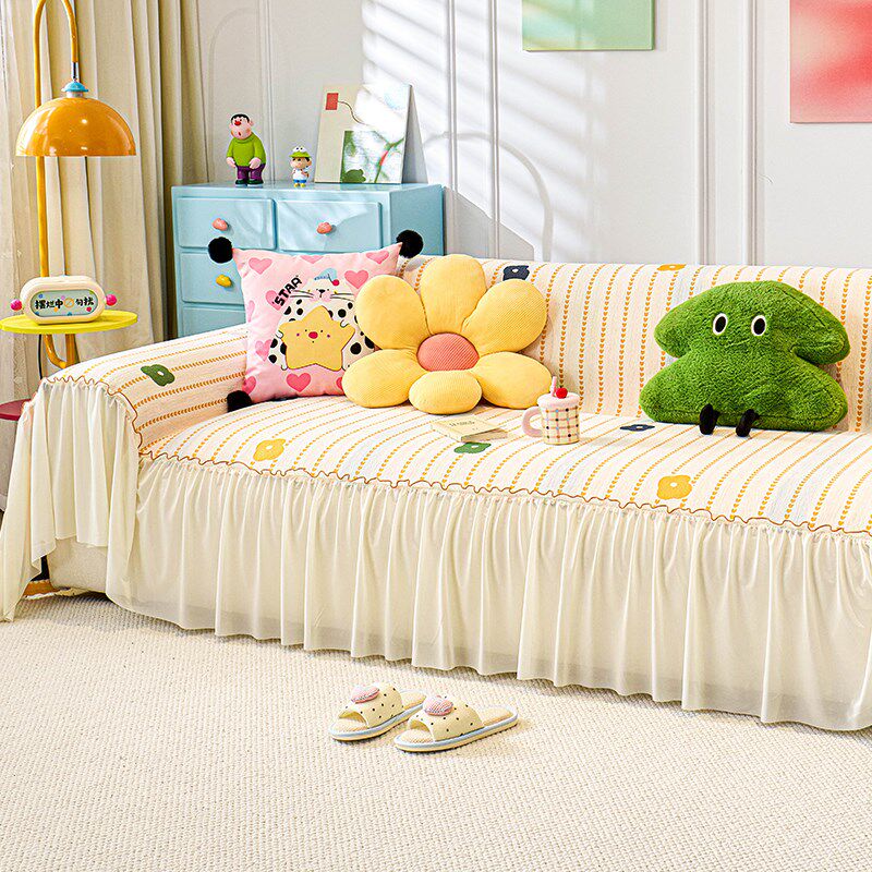 法式裙边沙发巾沙发盖布四季通用防滑防猫抓沙发毯奶油风坐垫套罩