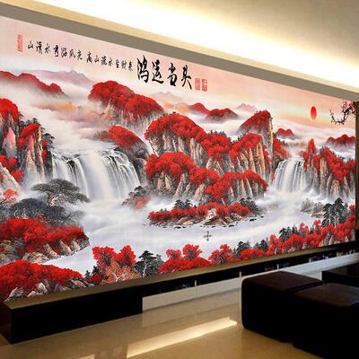 新款绣好的十字绣成品鸿运当头客厅大画山水风景画流水生财机绣