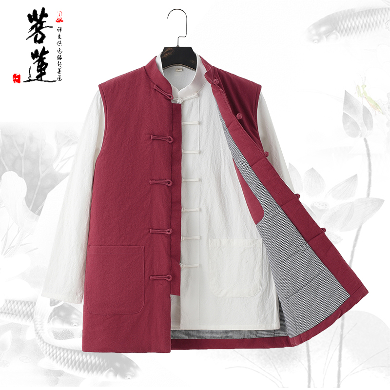 速发唐装男冬季棉坎肩棉麻棉复棉衣马甲中国袄风古马夹棉服外