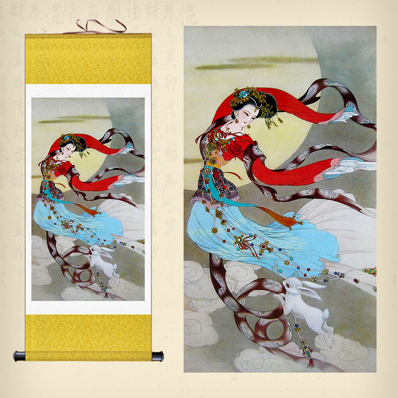 速发人物挂画嫦娥奔月图卷轴画酒店客厅仙装绸画中秋礼品丝饰画