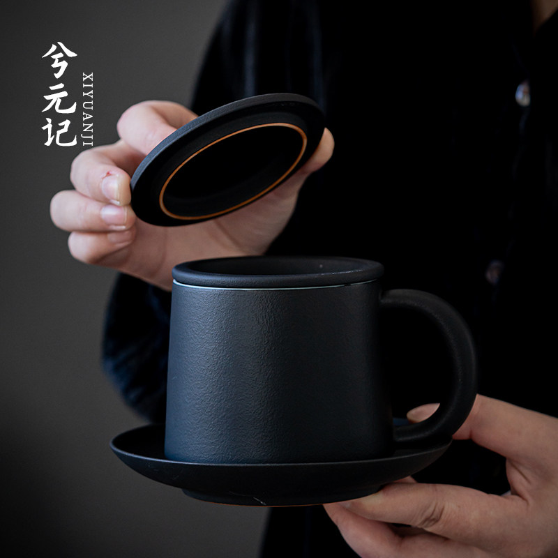 速发黑茶粗杯大耳柄过滤茶杯陶瓷泡陶办公室水杯茶水分离陶简约杯