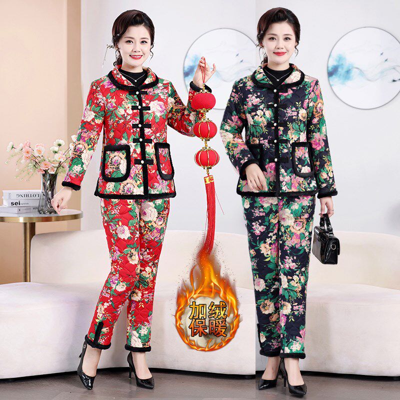速发东北气花棉袄加绒加厚棉衣棉裤两件尚时套妈妈棉服洋大外套民