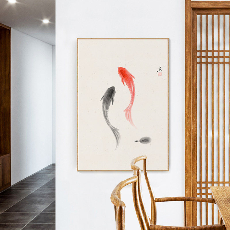 速发新中式寓厅玄关装饰画客意好的锦鲤鱼中国风墙廊过道餐厅背景