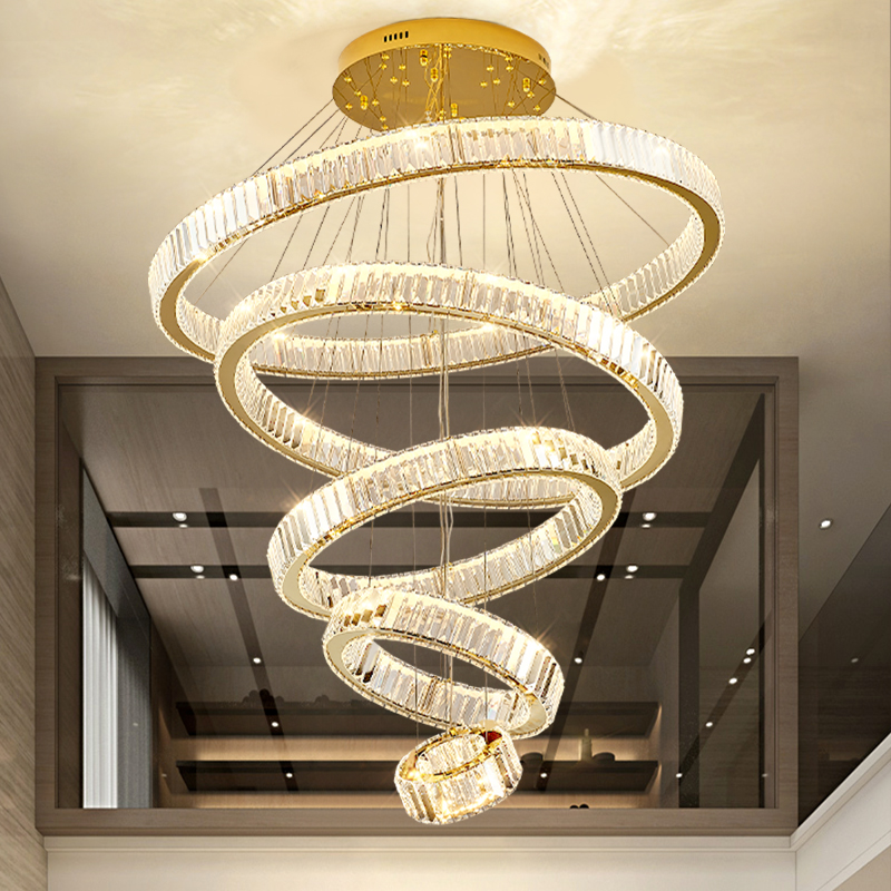 速发客厅吊灯轻奢全光谱水晶灯创意环形酒店别墅挑空楼梯复式楼大