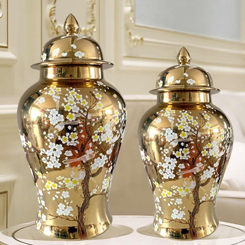 速发景德镇军瓷花陶罐摆件落地花瓶客厅金色轻奢插将家居大号软装