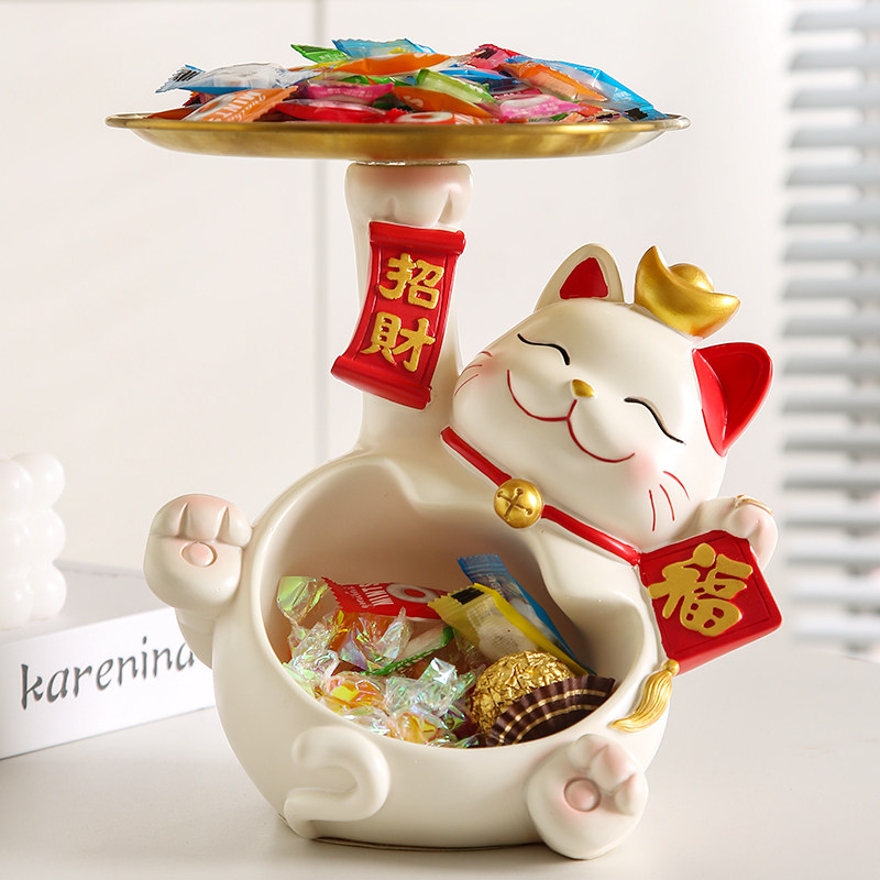 速发招财猫装放盘吧前台接待酒店铺子台零食树脂水果盘盒开业摆件