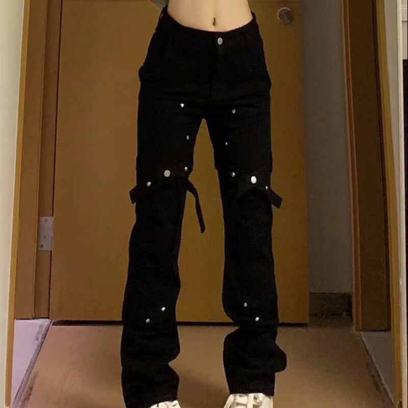 速发大感街头vibe美式微牛仔裤男设计码纽扣绑带高街直筒阔腿裤