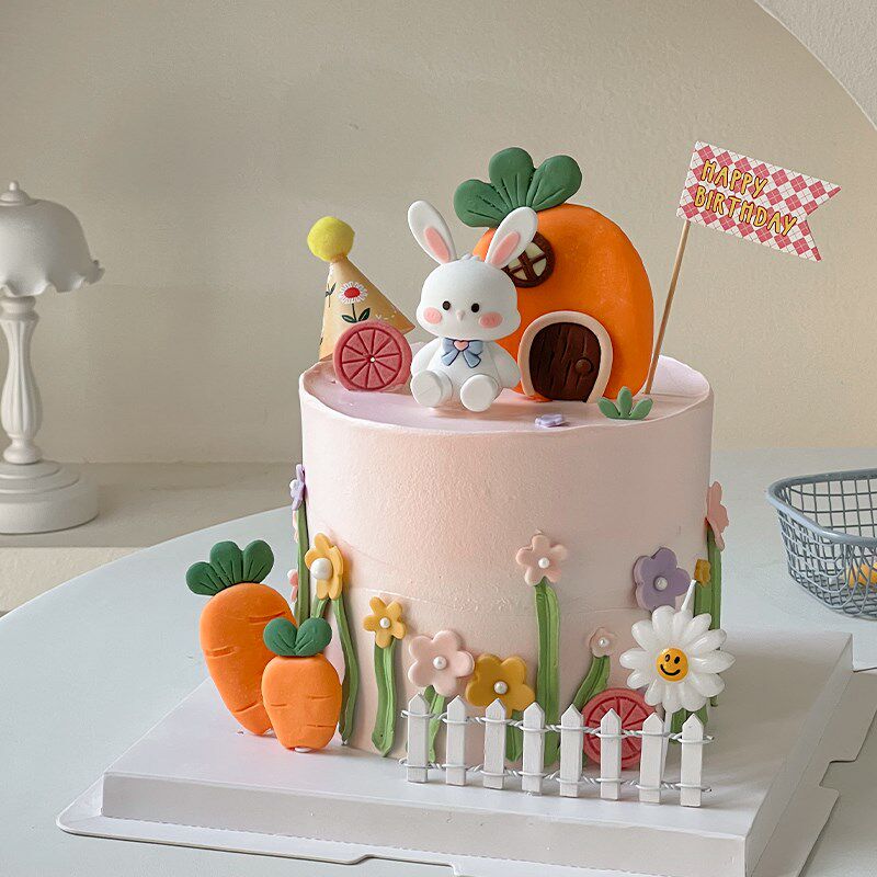 速发儿童蛋糕装风田园饰小兔子萝卜风屋小旗子兔宝宝生日装扮