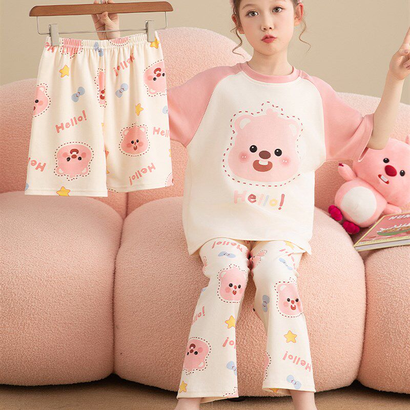 新品女童睡衣短袖长n裤纯棉薄款春夏装中大童儿童卡通宝宝三件套
