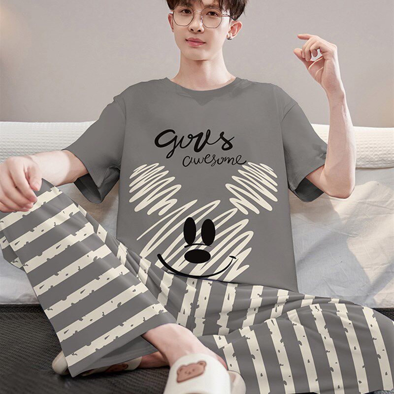 新品睡衣男士夏季纯棉q短袖长裤薄款春秋款加大码卡通青少年家居