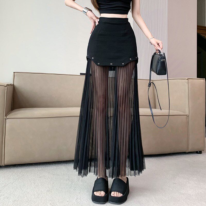 新品黑色网纱西装半身裙女夏季薄款显瘦高腰aQ字百褶长裙垂感大摆