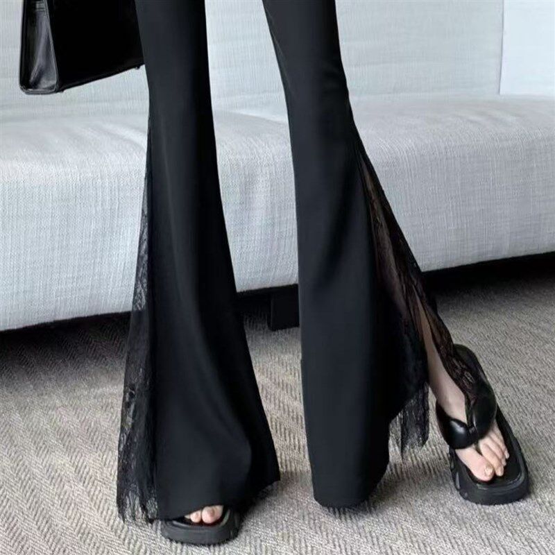 新品黑色蕾丝拼接微喇西装裤女z夏季设计感高腰裤修身垂感开叉拖