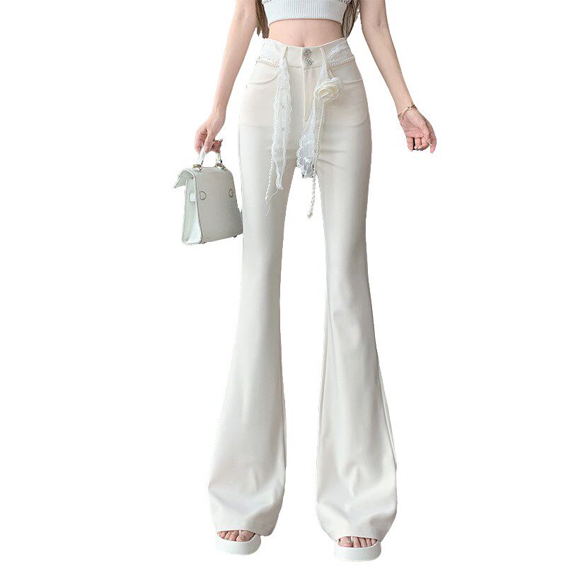 新品米白色微喇西装裤女2025春季E新款高腰显瘦垂感修身喇叭裤拖