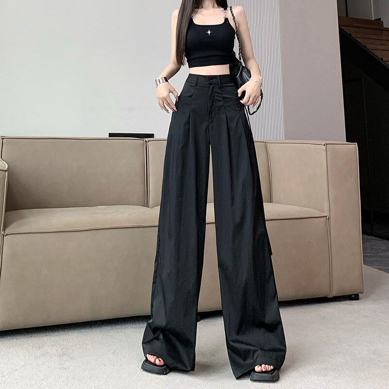 新品黑色阔腿西装裤女夏季薄款设计D感绑带高腰裤宽松垂坠感休闲