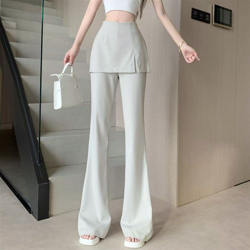新品米色微喇西装裤女夏季设计感拼接假两件屁帘高V腰裙裤垂感拖