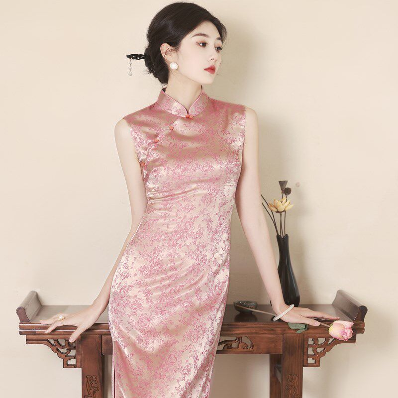 新品新中式粉色旗袍女中国风w年轻款提花温婉端庄气质订婚日常走