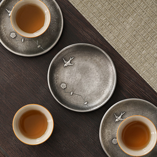 极速日式纯锡茶杯垫复古茶杯托隔热防滑I做旧老锡茶托杯垫壶承茶