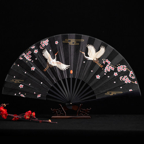 极速国潮仙鹤插画折扇中国风古z风10寸网红汉服配饰黑色绢布扇子