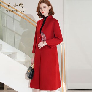 毛呢大女复古刺绣红色喜庆羊毛大衣保暖外套 新款 新品 202e5冬季