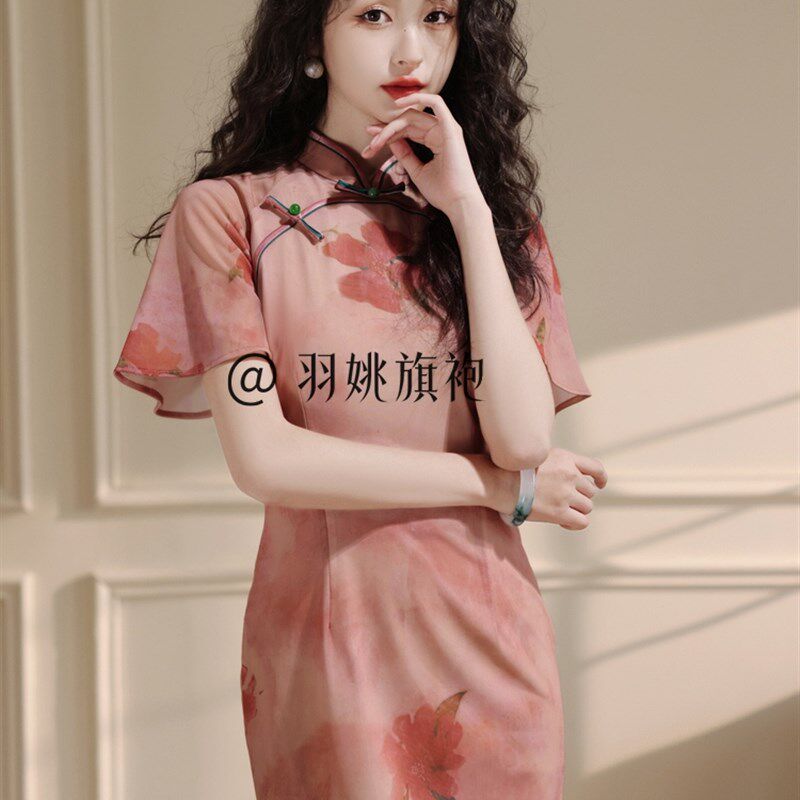 新品新中式粉色旗袍女中国风年轻款印花温婉优Q雅气质小个子日常