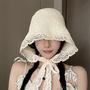 蕾丝绑带渔夫帽女气质透气夏季 设计联名款 手遮阳帽 法国 LVURT