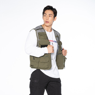 多口袋休闲马甲拼色棉马夹背心垂钓美式 复古户外古着阿美咔叽