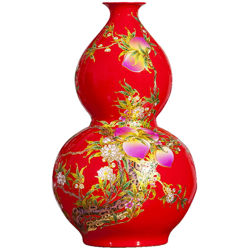 新品景德镇陶瓷器仿古落地大花瓶中国红色寿桃R葫芦瓶中式客厅摆