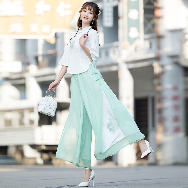 极速唐装上衣女年轻仙气中式改良汉服旗袍雪纺阔腿U裤茶服采耳师