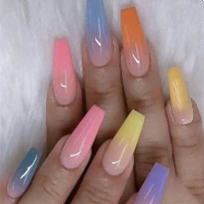 极速False Nail Tips Coffin Fake Nails RaKinbow Candy Trapezo