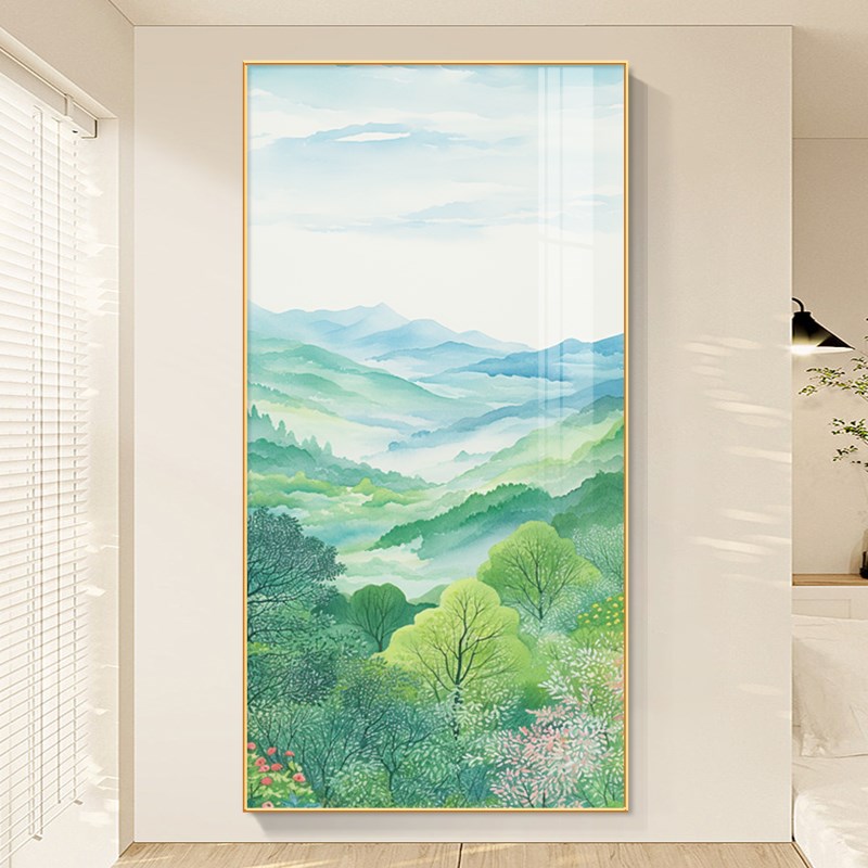 极速日式入户玄关装饰画高端原木风客厅过M道走廊尽头竖版壁画风图片