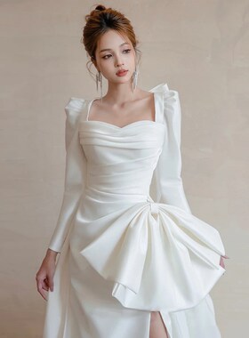 极速法式缎面轻婚纱20q25新款长袖新娘高端出门纱气质轻奢白色迎