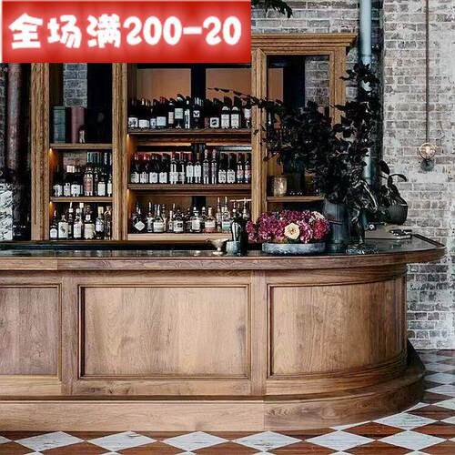 欧式木复古酒WAO实吧收咖水啡饭店拐角弧形吧台银台前台奶茶服装
