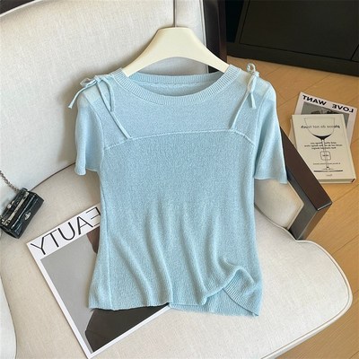 速发撤回剪致装款两件针织衫夏薄假法式别标上衣