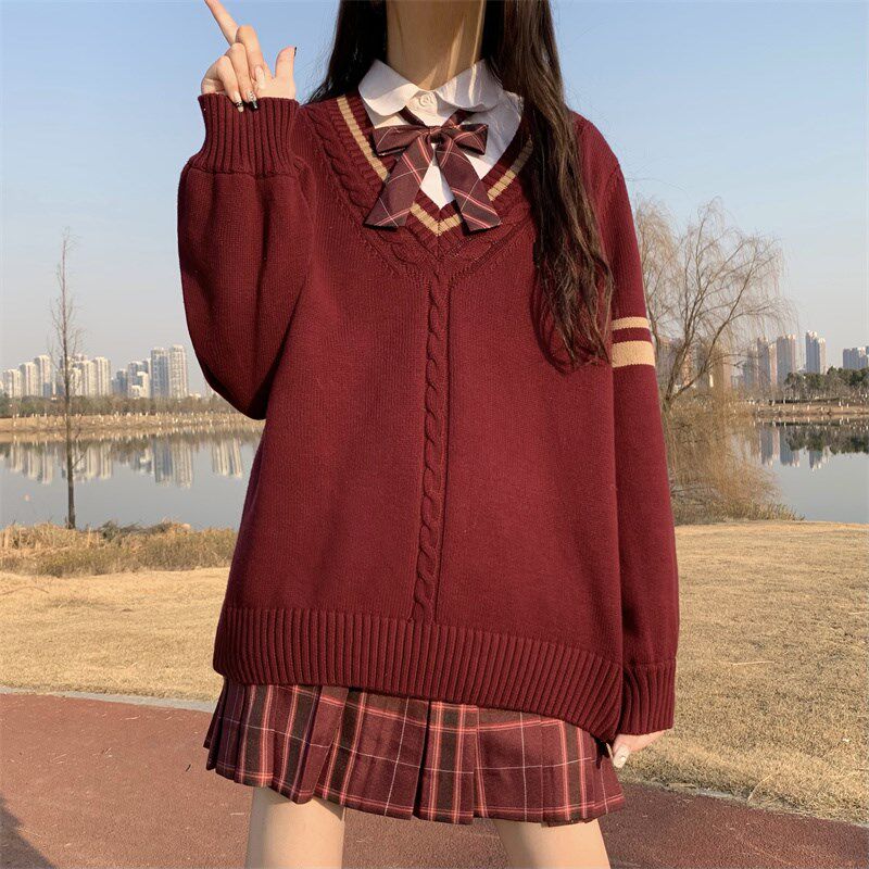 速发风诞套搭V领红色毛衣学院圣秋冬JK制服穿装裙子学生jk