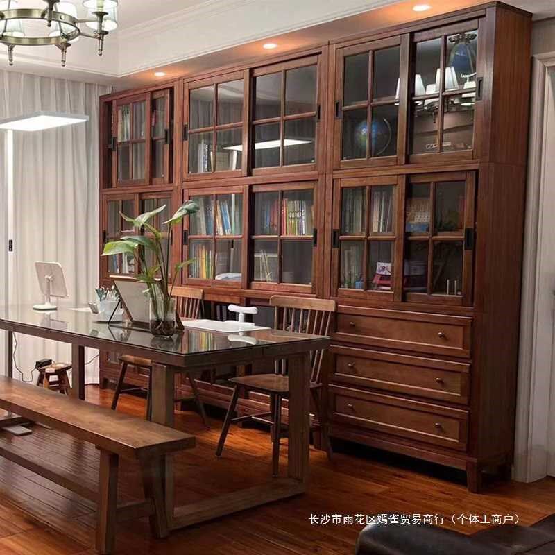 速发美式实木书柜家用带书多层门奢自由组合柜子收纳储物轻架乡村